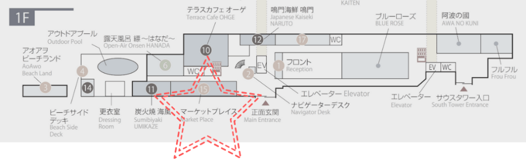 アオアヲナルトリゾート　売店の位置を館内図から示した画像