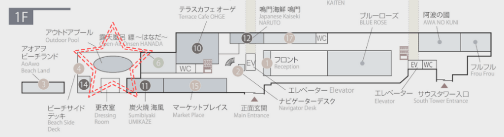 アオアヲナルトリゾート　アウトプールの場所を館内図で示した画像
